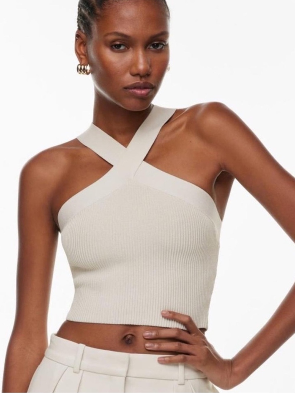 Aritzia Babaton Sculpt Knit Criss Cross Cropped‎ Tank Top Cream Womens 2XS
